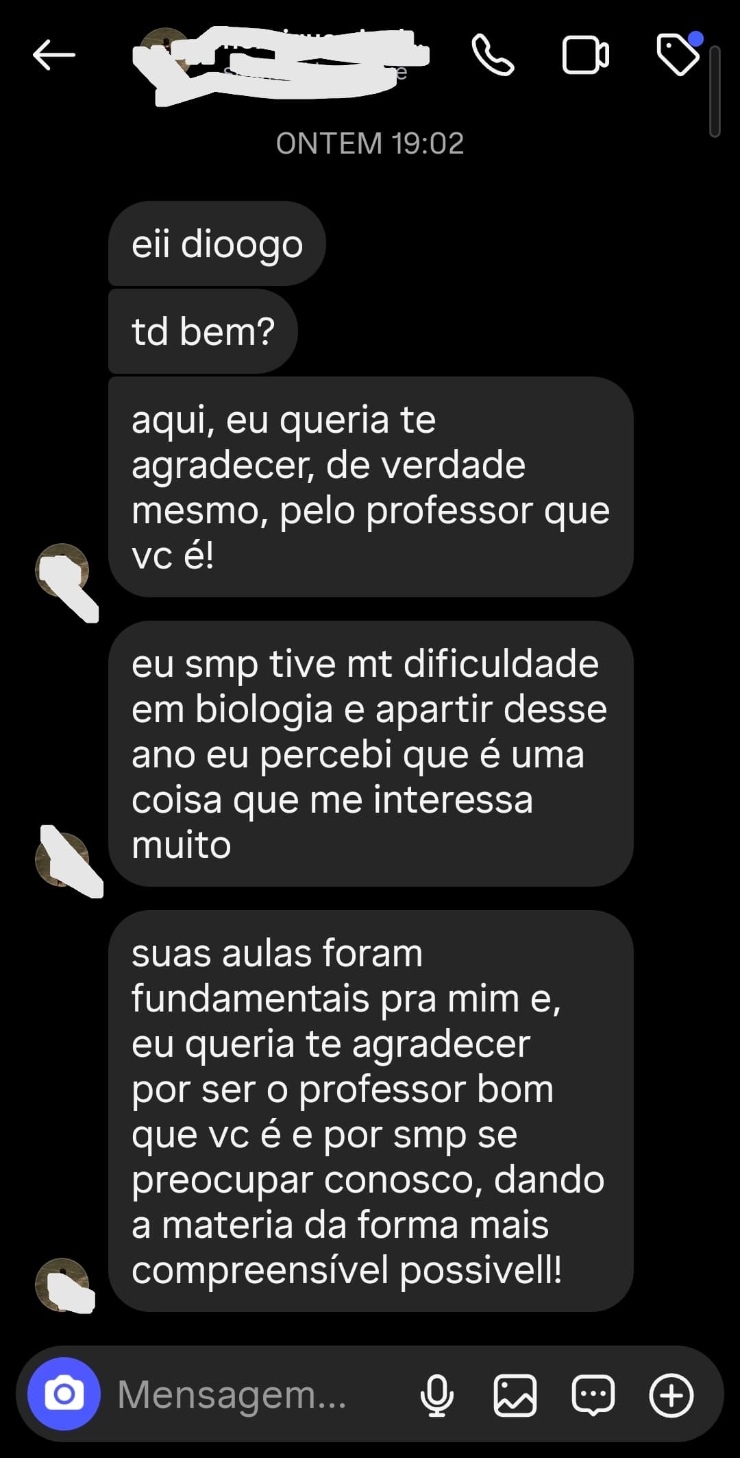Depoimento de aluno ou família
